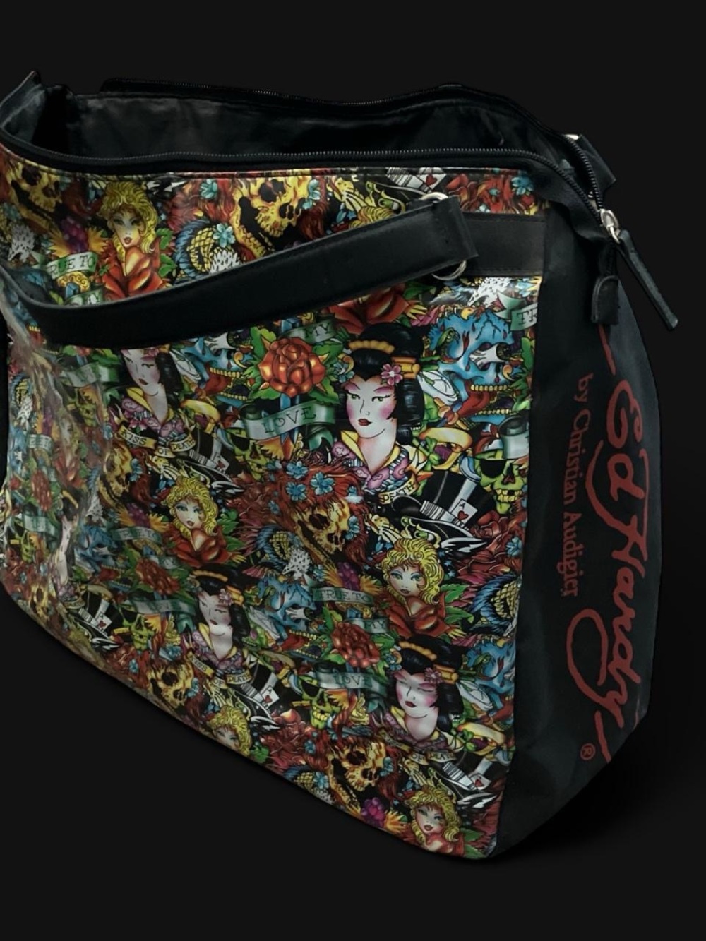 Vintage Ed Hardy Black Multicolor Tattoo-Print Tote Bag